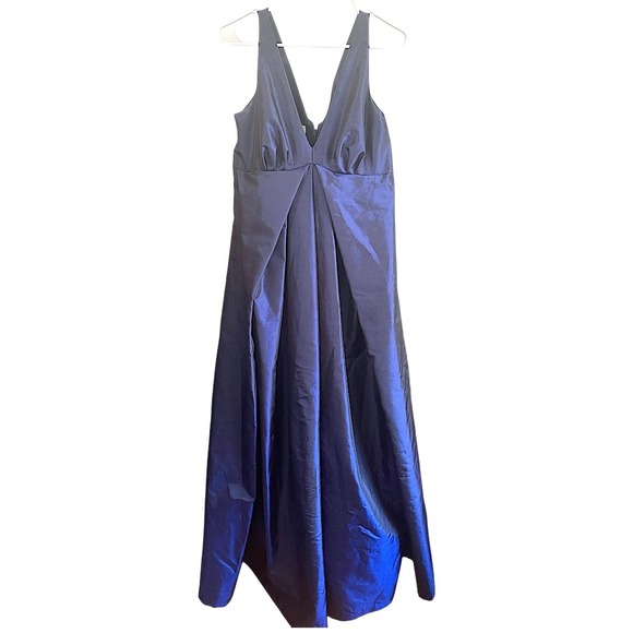 Amsale Blue Taffeta V-Neck Empire Waist Ball Gown Full Skirt Formal Dress 8 - Picture 1 of 8